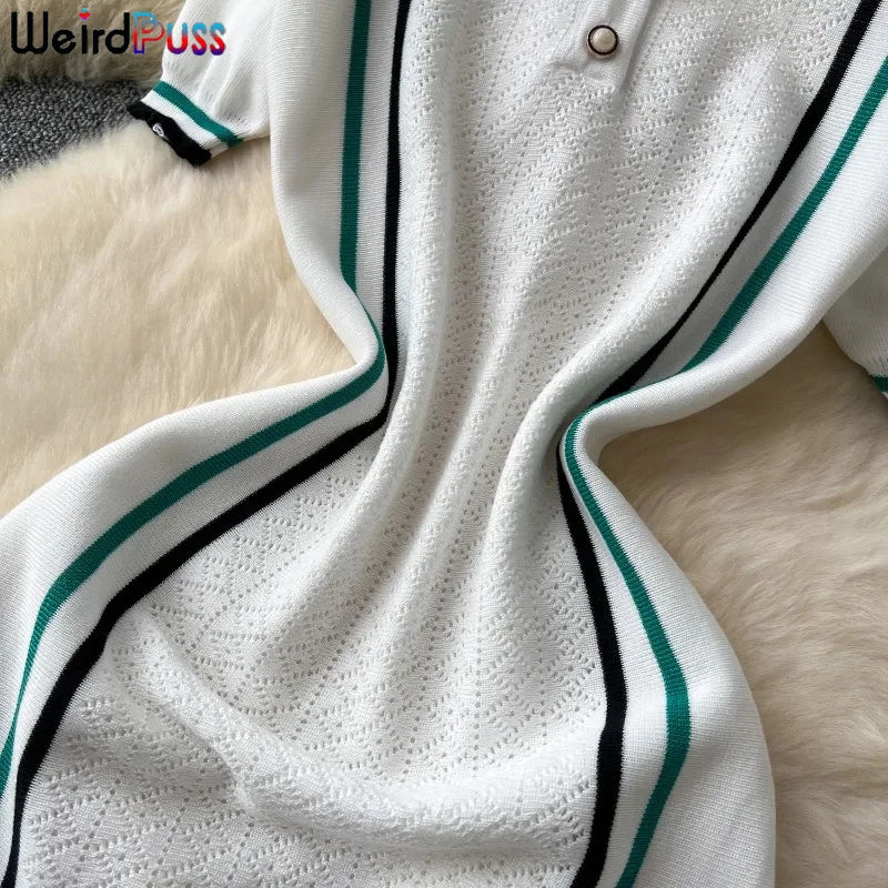 Weird Puss Contrast Stripe Dress Women Knitted Polo-Neck Short Sleeve Ruffles Stretch Hem  Casual Trend Streetwear Mini Bodycon