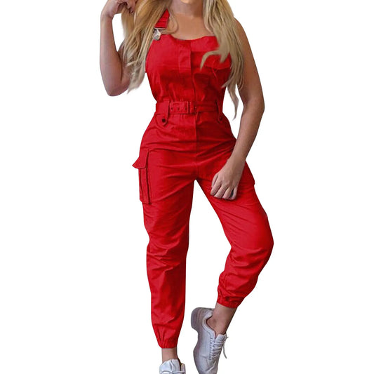 Lady's Fashion Clasp Pocket Cargo Romper Jumpsuits, Casual Jumpsuit Summer