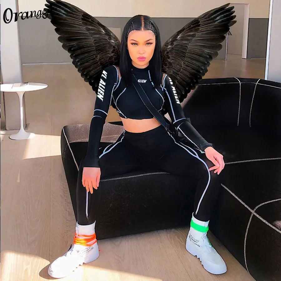 2Piece Set Fitness Full Sleeve Crop Top + Elastic Leggings