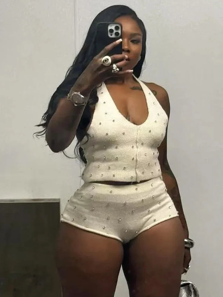 Weird Puss Diamond Women 2 Piece Set Luxury Knit Halter Backless Tank Tops+Shorts Casual Matching Streetwear Stretch Simple Suit