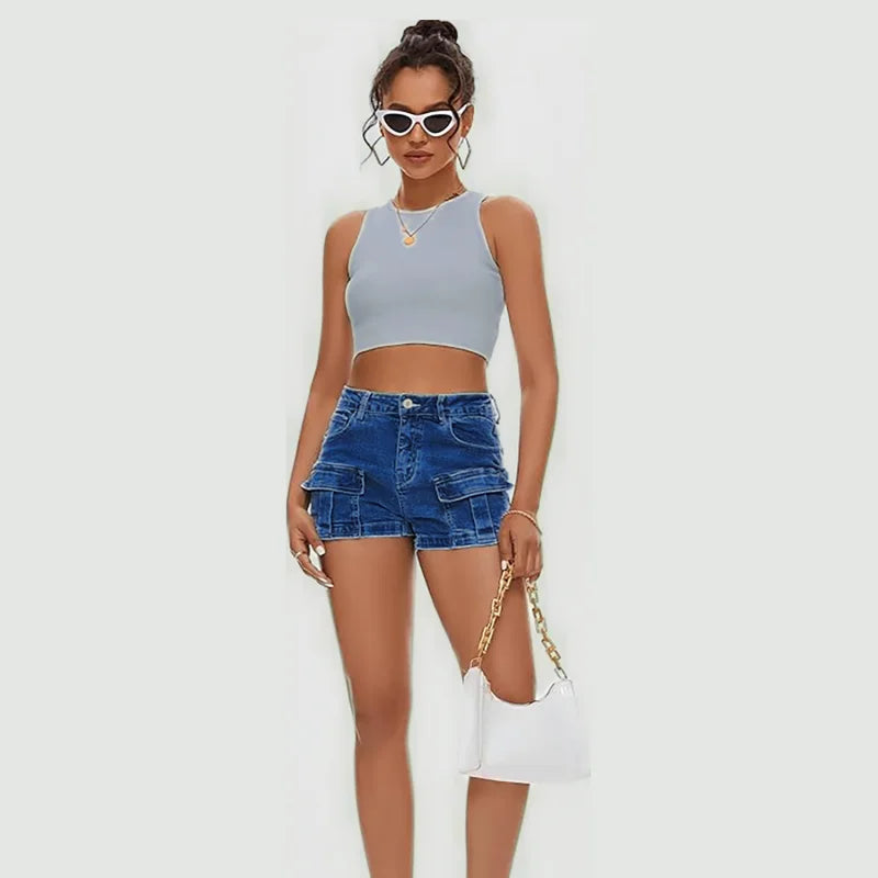 High Waisted Blue Cargo Style Shorts