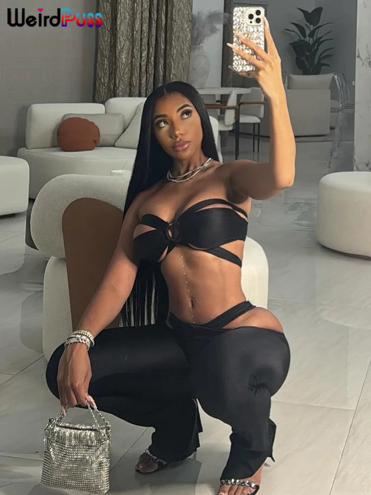 2 Piece Set, Cross Wrapped Camisole+Ruched Hollow Leggings