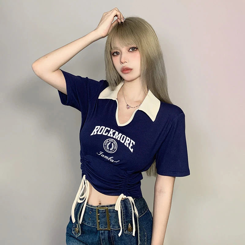 Drawstring Tie Up Crop Tops, Turndown Collar Graphic Short Sleeved Top