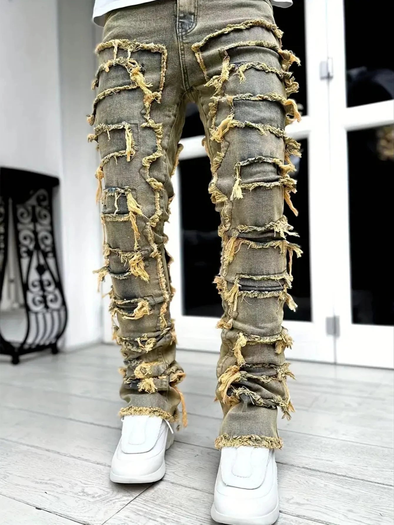 Casual Distressed Men's Jeans Tassels Patchwork Design Vintage Washed Stretch Denim Pants Straight Fashion Streetwear Trousers