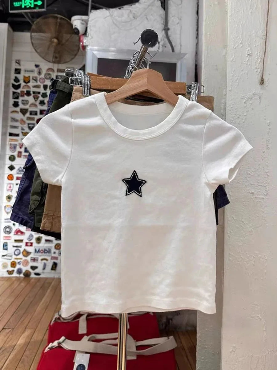 Sweet Star Appliques Slim Crop Top ladies Round Neck Y2K Tops