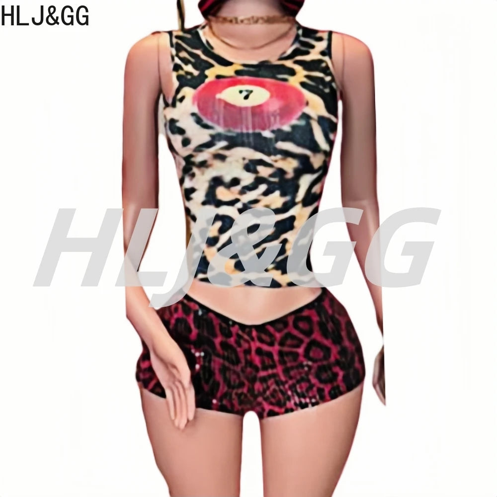 HLJ&GG Sexy Hollow Out Leopard Printing Two Piece Sets Women Halter Bandage Crop Top And Skinny Pants Outfits Fashion Streetwear