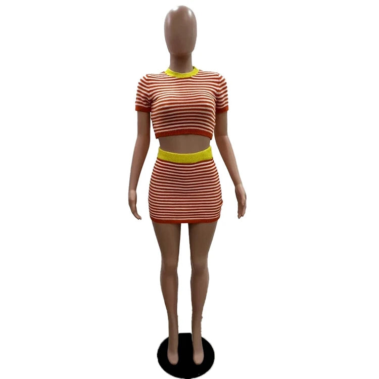 STYLISH LADY Striped Printed Knitted 2 Piece Set Women Short Sleeve Crop Top and Mini Skirt Suits 2025 Summer Sexy Club Outfits