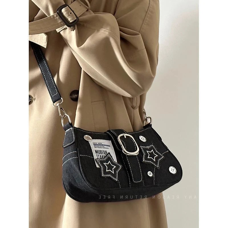 Fashion Vintage Y2k Ladies Shoulder Bags Sweet Cool Star Chain, Underarm Bag Black Goth jeans Tote Handbag Purse