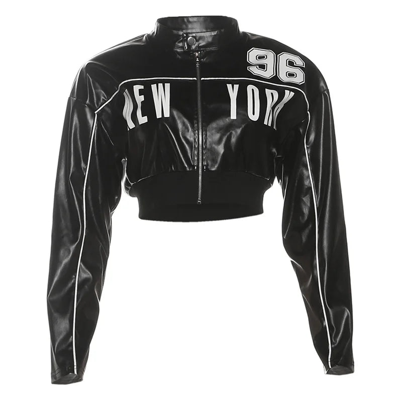 Weird Puss PU Jacket Women Letter Print Patchwork Uniform Hipster Button Zip Trend Sporty Street Varsity Casual Fall Crop Coat