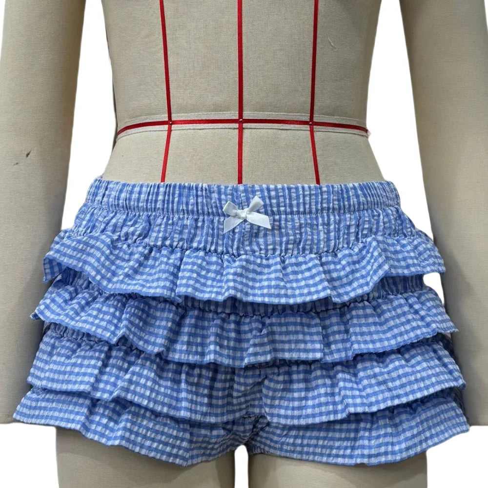HLJ&GG Summer New Letter Y2K Streetwear Women V Neck Short Sleeve Slim Crop Top And Ruffle Plaid Shorts Two Piece Sets Outfits