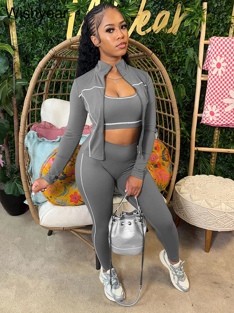 Sports Women's Stripe Pink 3-Piece Pants Set Long Sleeve Crop Top Tank Leggings Skinny Autumn Active Fitness Streetwear Outfits