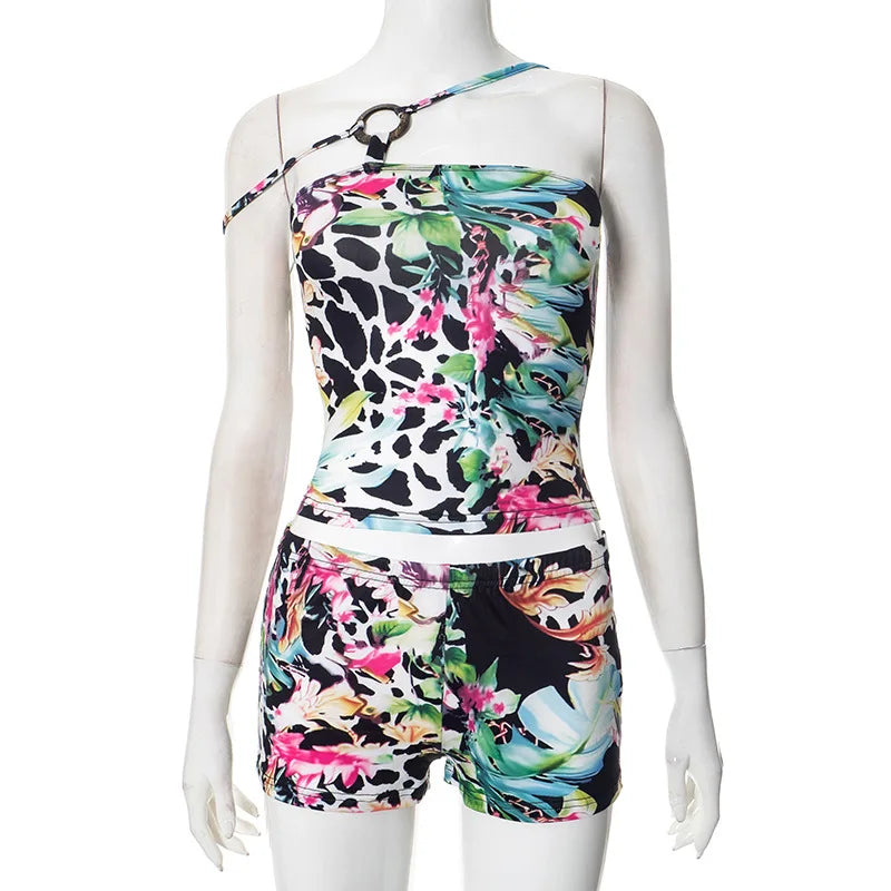 Sexy Nightclub Party Bikini Set with Irregular Round Buckle Printed Backless Short Tight Spring Summer Women's Lingerie Swimwear