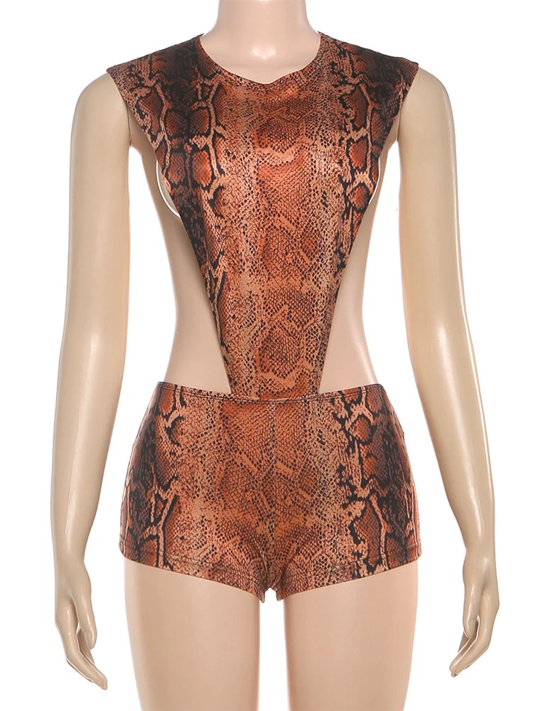 Weird Puss Sexy Patchwork Romper Women Snake Print Side Hollow Waistless Sleeveless Skinny Clubwear Midnight Stretch Playsuit