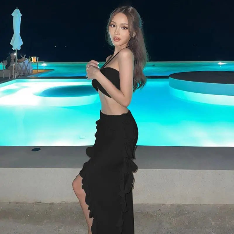 Women Sparkling 3 Piece Swimsuit Halter Neck Sexy Bathing Suit Hot Spring Ready Body Shaping Photogenic Swimwear Vacation Dress
