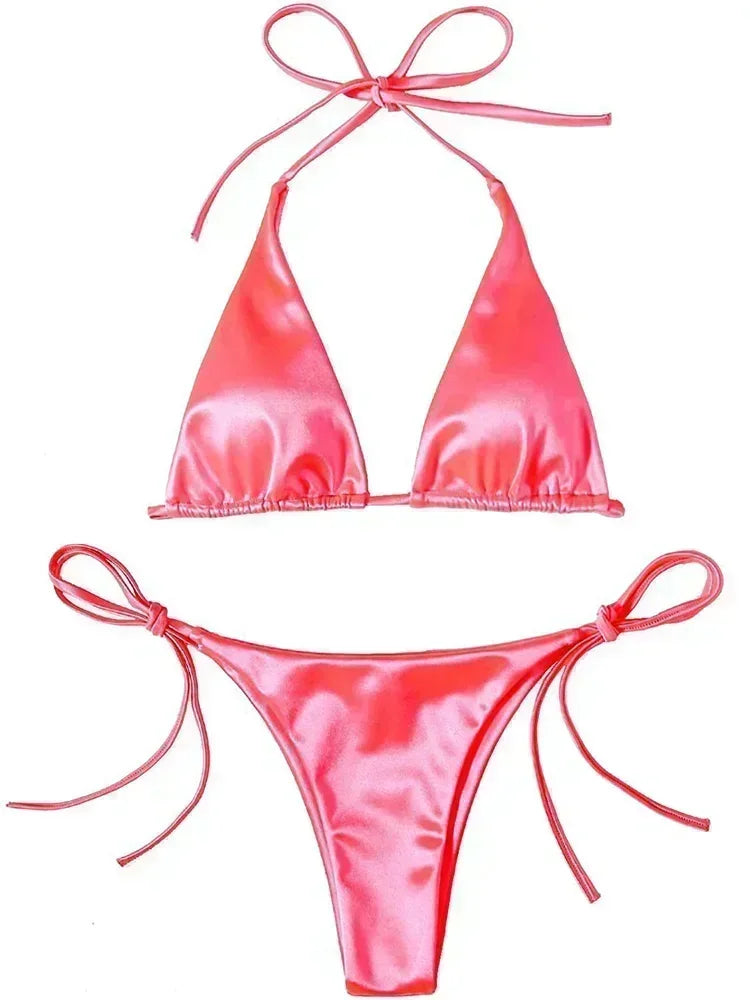 Halter Brazilian Metallic Satin Bikini  Swimwear, Swimsuit Two-pieces Bikini Set High Cut Bathing Suit Swim Beachwear