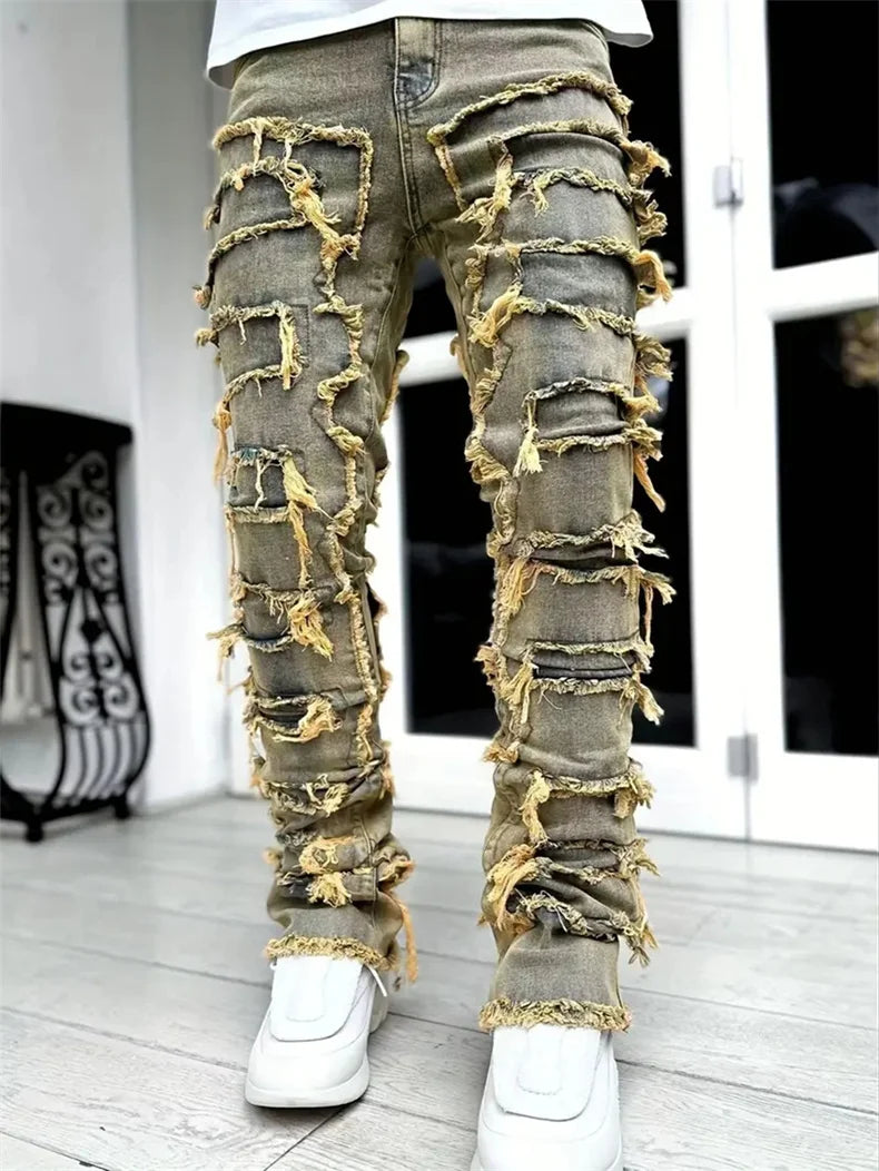 Casual Distressed Men's Jeans Tassels Patchwork Design Vintage Washed Stretch Denim Pants Straight Fashion Streetwear Trousers