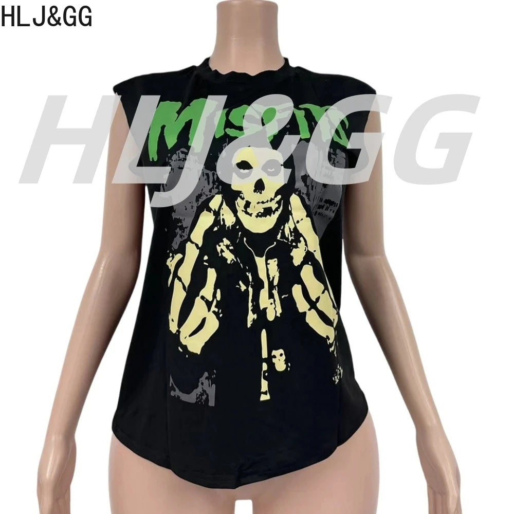 HLJ&GG Y2K Trendy Retro Print Tshirts Two Piece Sets Women Round Neck Sleeveless Top And Sequin Leopard Shorts Outfit Streetwear
