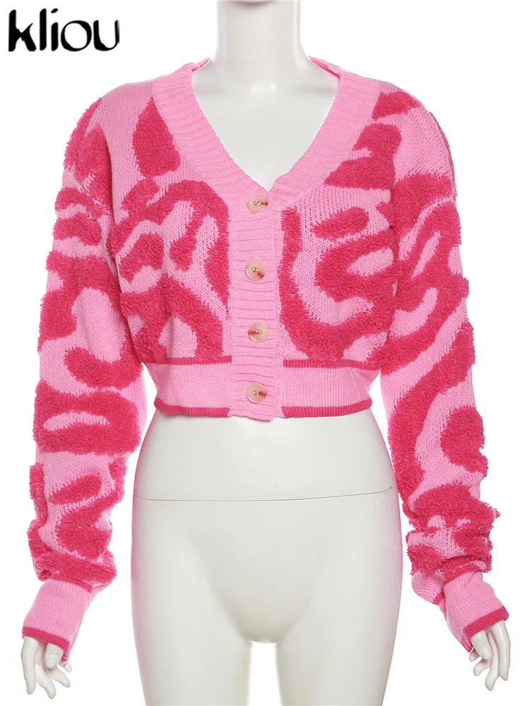 Kliou Knit Coats ladies Autumn New Full Sleeve Breasted Buttons V-neck Ruched Sweather Outwear Bare Midriff Street Tops