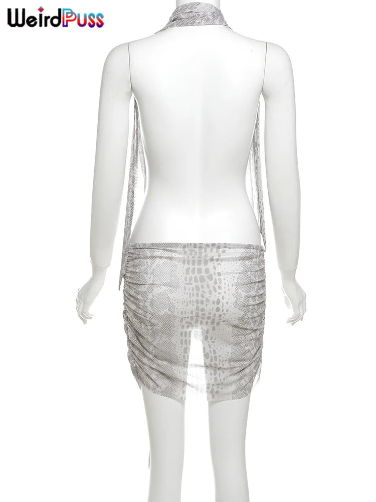 Weird Puss Snake Print Women Sexy Dress Y2K See Through Irregular Halter Ruched Backless Ribbon Beach Vacation Clubwear Bodycon