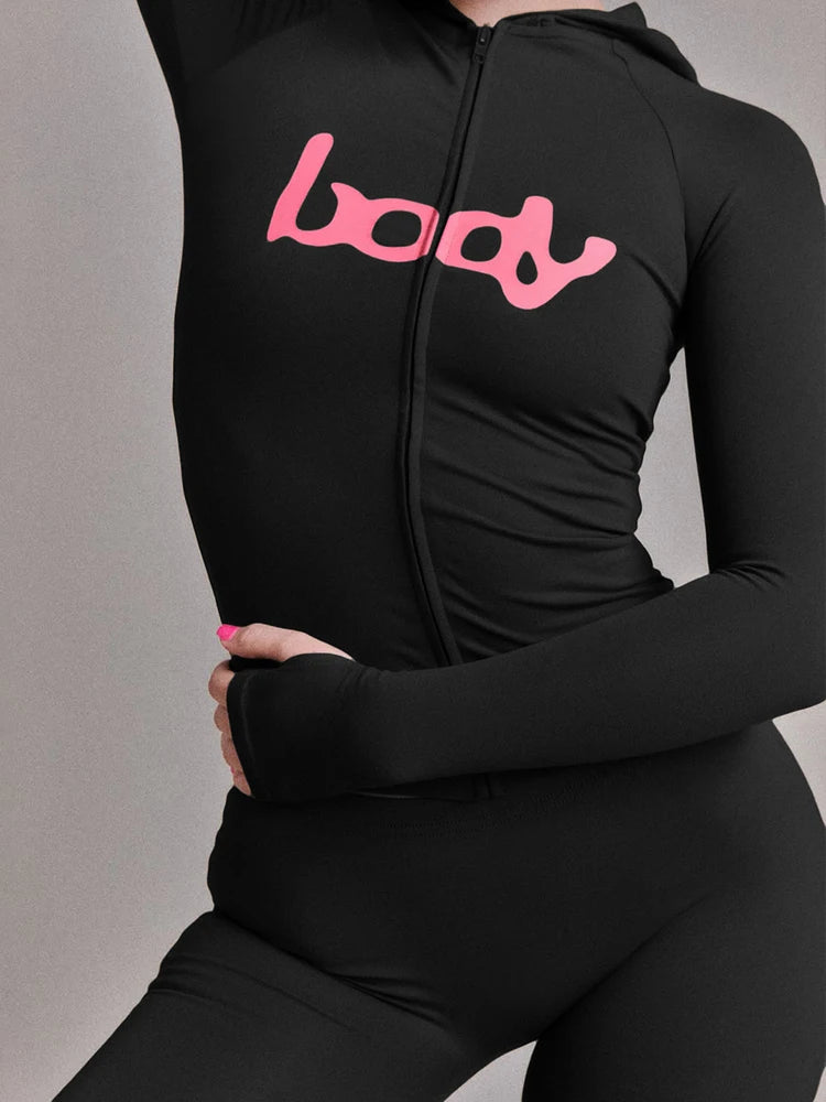 Weird Puss Letter Print Tracksuit 2-Piece Set Women Hooded Jacket+Leggings Matching Stretch Street Casual Sporty Slim Outfits