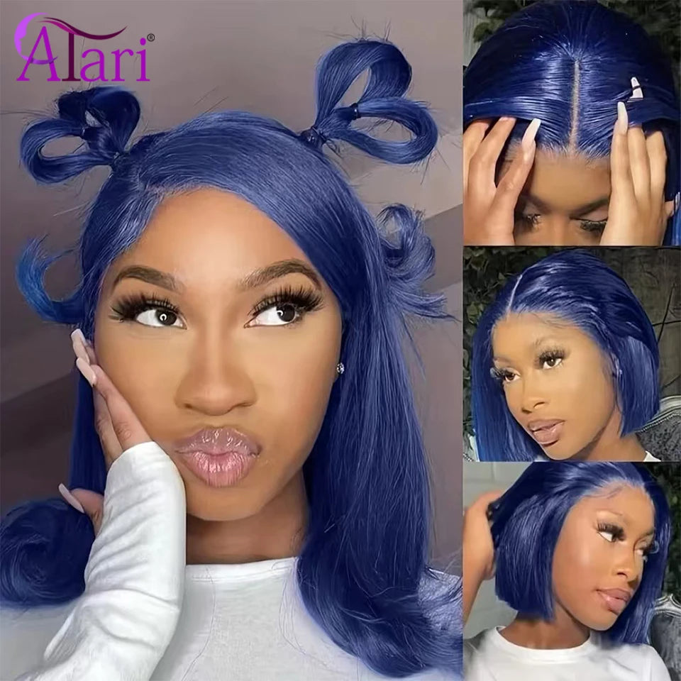 Midnight Blue Short Bob Human Hair Wigs Transparent 13x4 Full Lace Frontal Body Wave Wig Pre Plucked 180 Density Wavy Bob Wig