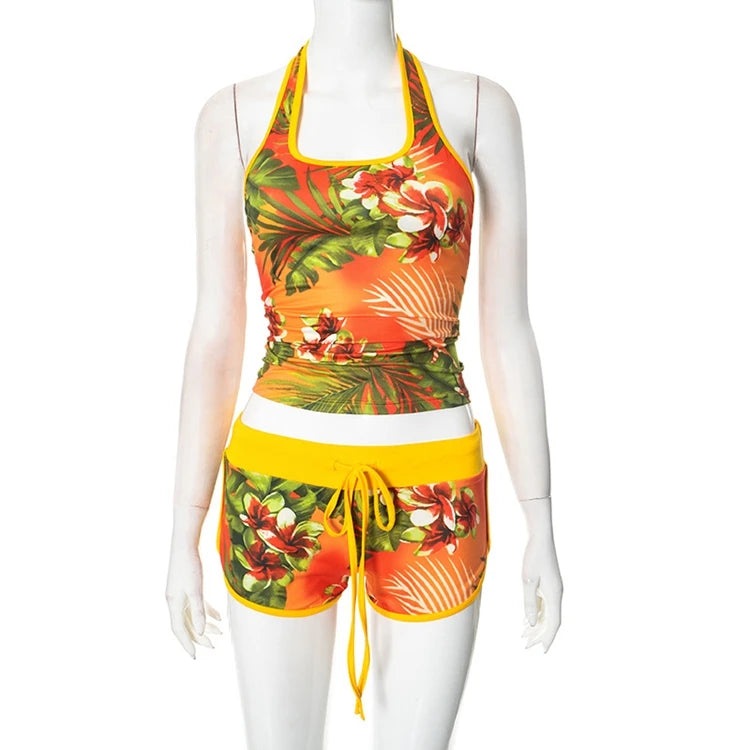 STYLISH LADY Comtrast Color Printed 2 Piece Set Women Halter Backless Crop Top and Drawstring Shorts Suits 2025 Street Outfits