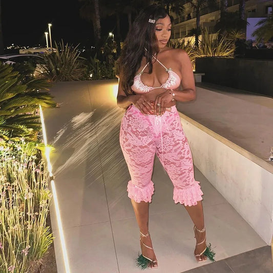 Lace Knee Length Pants, Summer Women Midi Waist Hollow Out Sexy Club Party See Through Leggings Pants