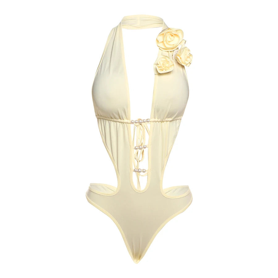 Weird Puss Beach Vacation Bathing suit, Women Pearl 3d Flowers Sexy Backless Swimwear