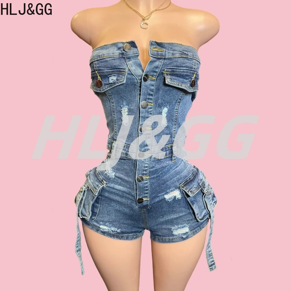HLJ&GG Blue Sexy jeans Pocket Cargo Bodycon Rompers Women Off Shoulder Sleeveless Backless Slim Jumpsuit Fashion Cowboy Playsuit
