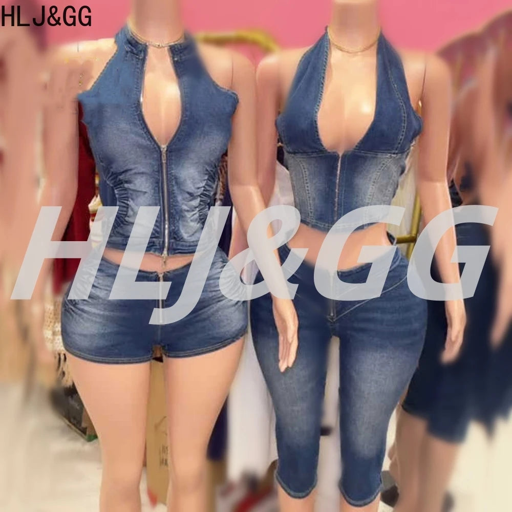 Blue Fashion jeans Halter Two Piece Sets Women Sleeveless, Backless Slim Crop Top And Skinny Jean Pants Outfits Streetwear