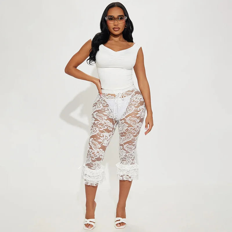 Lace Knee Length Pants, Summer Women Midi Waist Hollow Out Sexy Club Party See Through Leggings Pants
