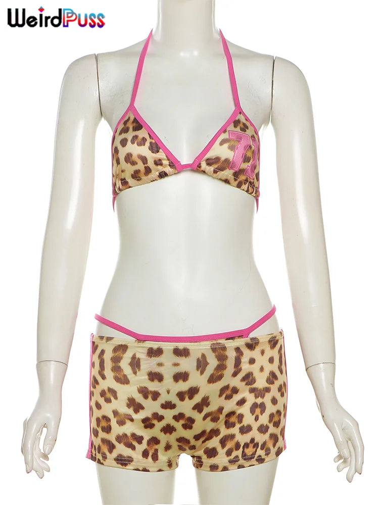 Weird Puss Beach Vacation 3 Piece Set Women Leopard Print Halter Bra Tops+Panties+Shorts Summer Midnight Party Matching Clubwear