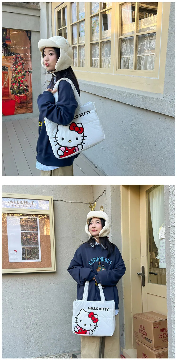 Sanrio Kawaii Hello Kitty Kuromi Tote Bags Cute My Melody Pochacco Cartoon Down Cotton Large Capacity Shoulder Bag Gifts Girls