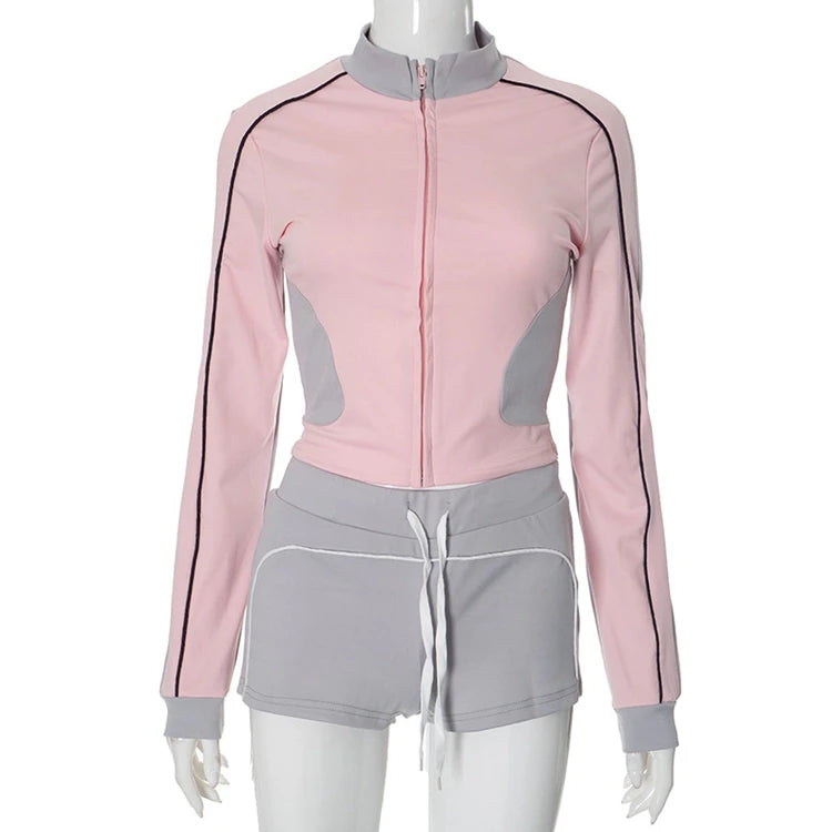 STYLISH LADY Contrast Color Sporty 2 Piece Set Women Long Sleeve Zipper Crop Top and Drawstring Short Suits 2025 Workout Outfits