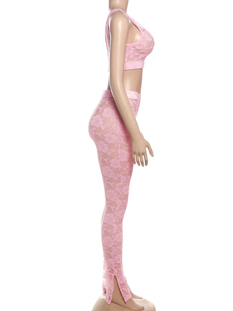 2 Piece Set, lace Coquette Wide Belt Tank Tops+Leggings