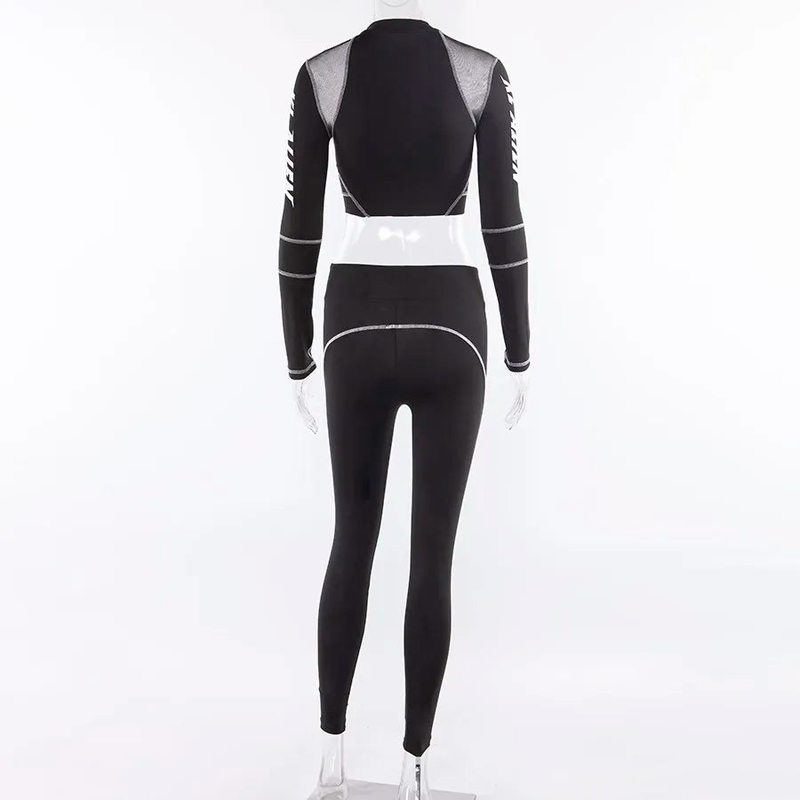 2Piece Set Fitness Full Sleeve Crop Top + Elastic Leggings