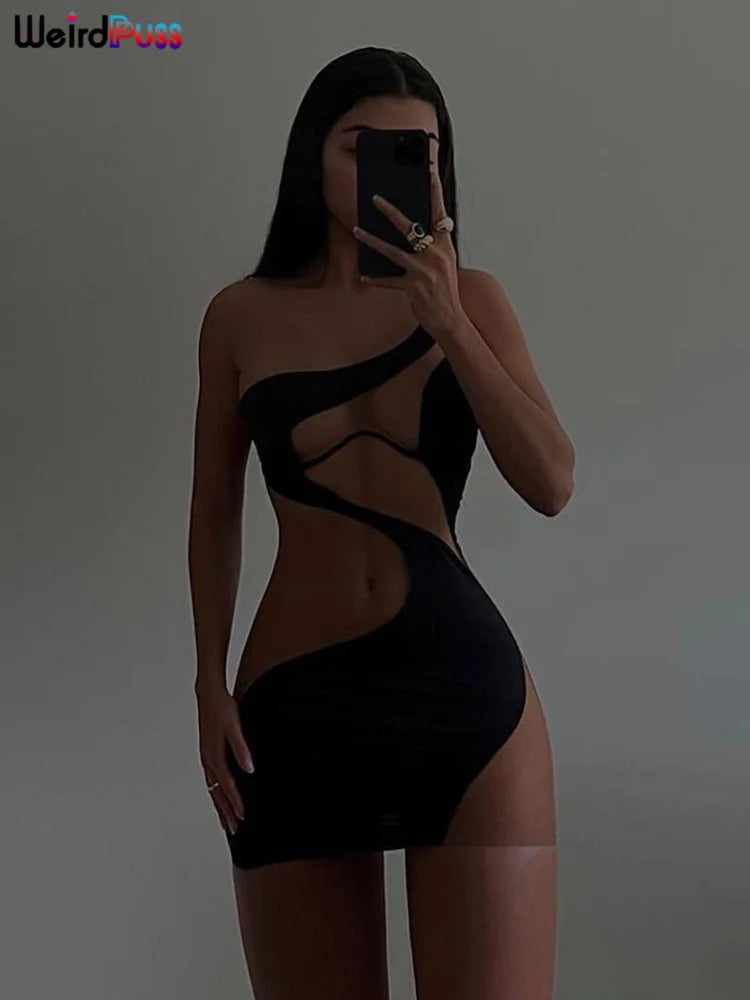 Weird Puss 2022 Mesh Patchwork Sexy Dress Women Sleeveless One Shoulder Skinny Summer Vacation Birthday Party Clubwear Bodycon