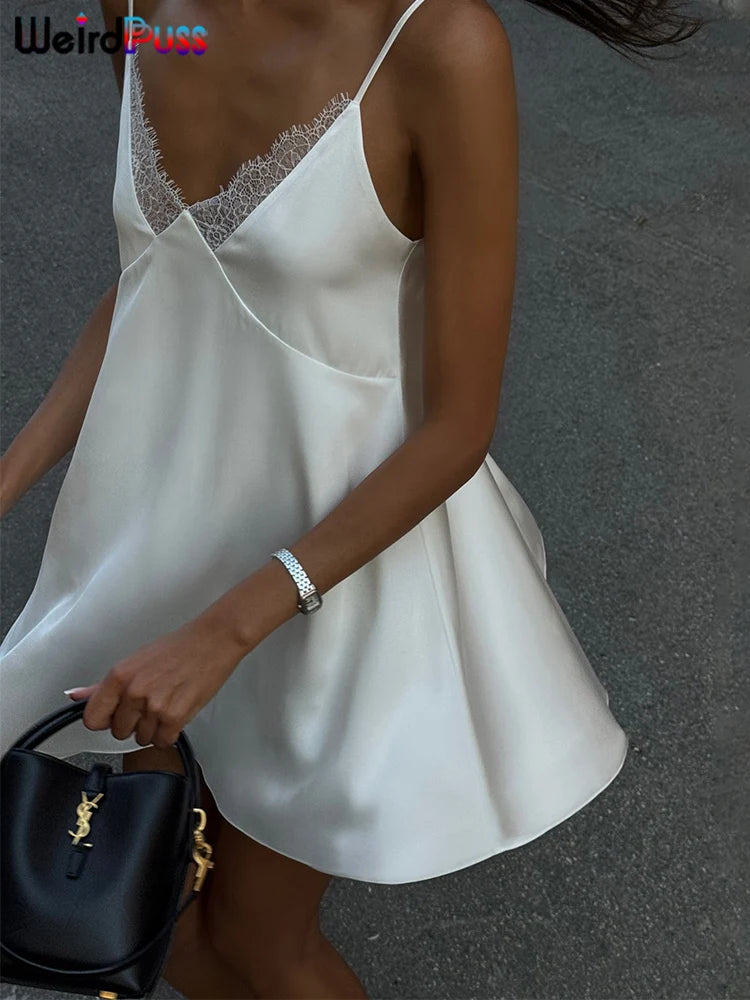 Weird Puss Y2K W-Neck Dress Women Summer Trend Sleeveless Backless Mesh Silk Patchwork elegant Birthday Party Prom Loose Bodycon