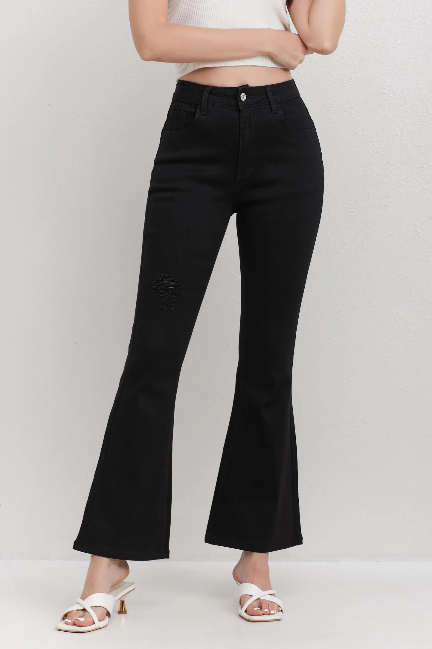 Ladies White jeans, Trousers High waisted  Distressed Flare Leg Fashionable Jeans Street style Outfit