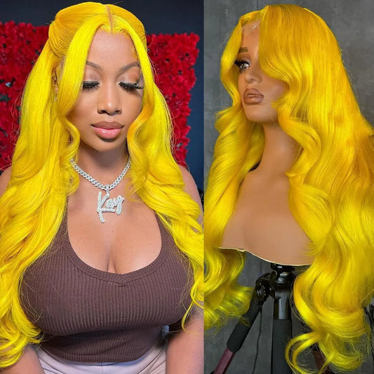 28 Inch Yellow Wig Human Hair Body Wave 13x6 HD Lace Frontal Wig Plucked 200% Density Colored  Lace Wig Water Wave For Women