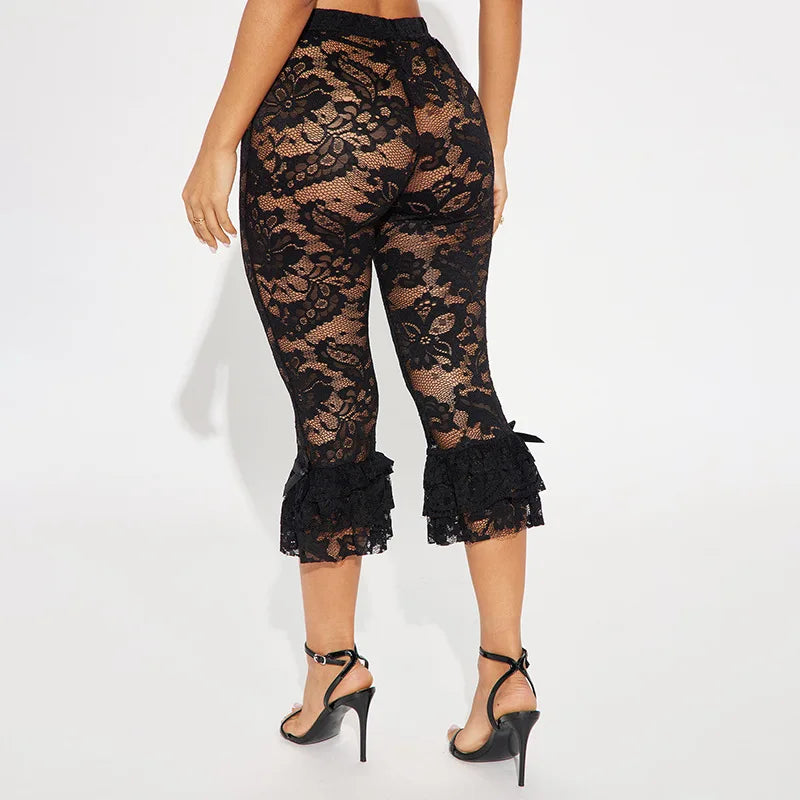 Lace Knee Length Pants, Summer Women Midi Waist Hollow Out Sexy Club Party See Through Leggings Pants