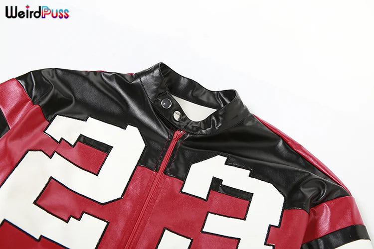 Weird Puss Faux Leather Women Jacket Hipster Letter Print Autumn Trend Casual Sporty Wild Streetwear Uniform Varsity Crop Coat