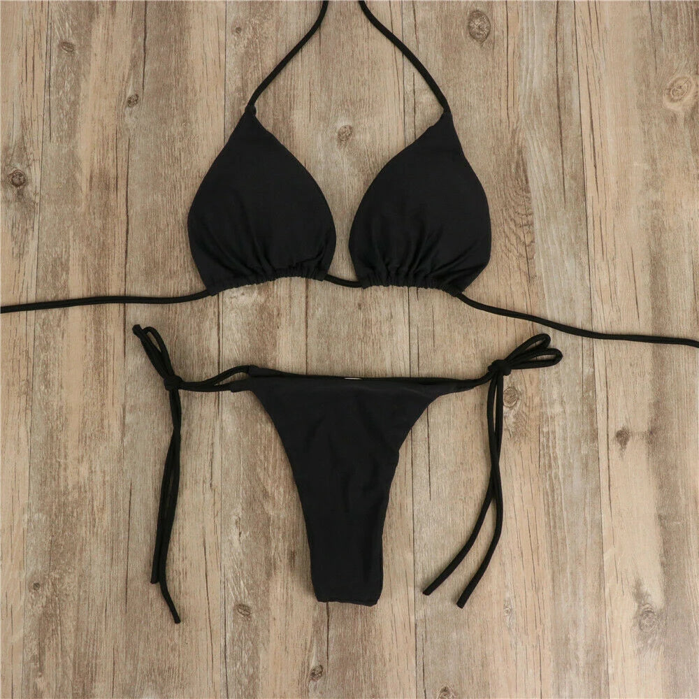 Sexy Women's Side Halter Tie Swimsuit Thong Bikini Set Ladies Split Strap Adjustable Bandage Style Brazilian Swimwear Beachwear