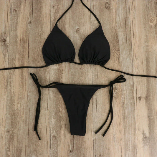 Sexy Women's Side Halter Tie Swimsuit Thong Bikini Set Ladies Split Strap Adjustable Bandage Style Brazilian Swimwear Beachwear