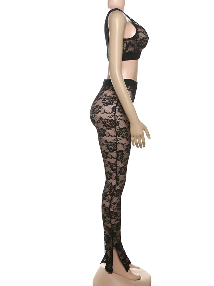 2 Piece Set, lace Coquette Wide Belt Tank Tops+Leggings
