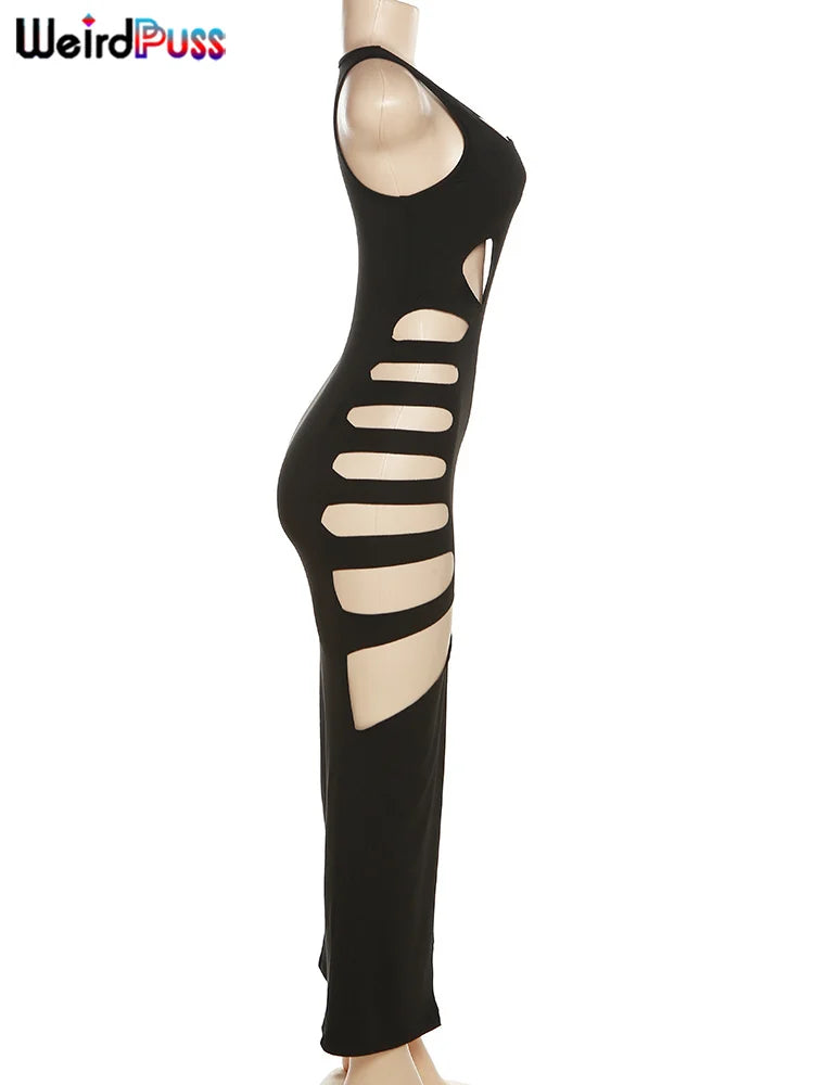 Weird Puss Hollow Sexy Dress Women Summer New Sleeveless Split Solid Skinny Stretch Maxi Bodycon Clubwear Coquette Slim Vestidos