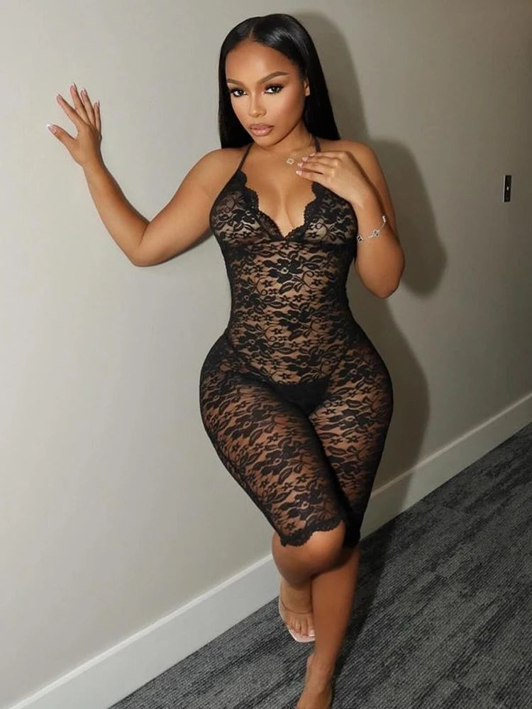 Weird Puss Coquette Playsuit Women Mesh Midnight Backless Sleeveless v-Neck Sexy Summer Hipster Skinny Fitness Stretch Romper