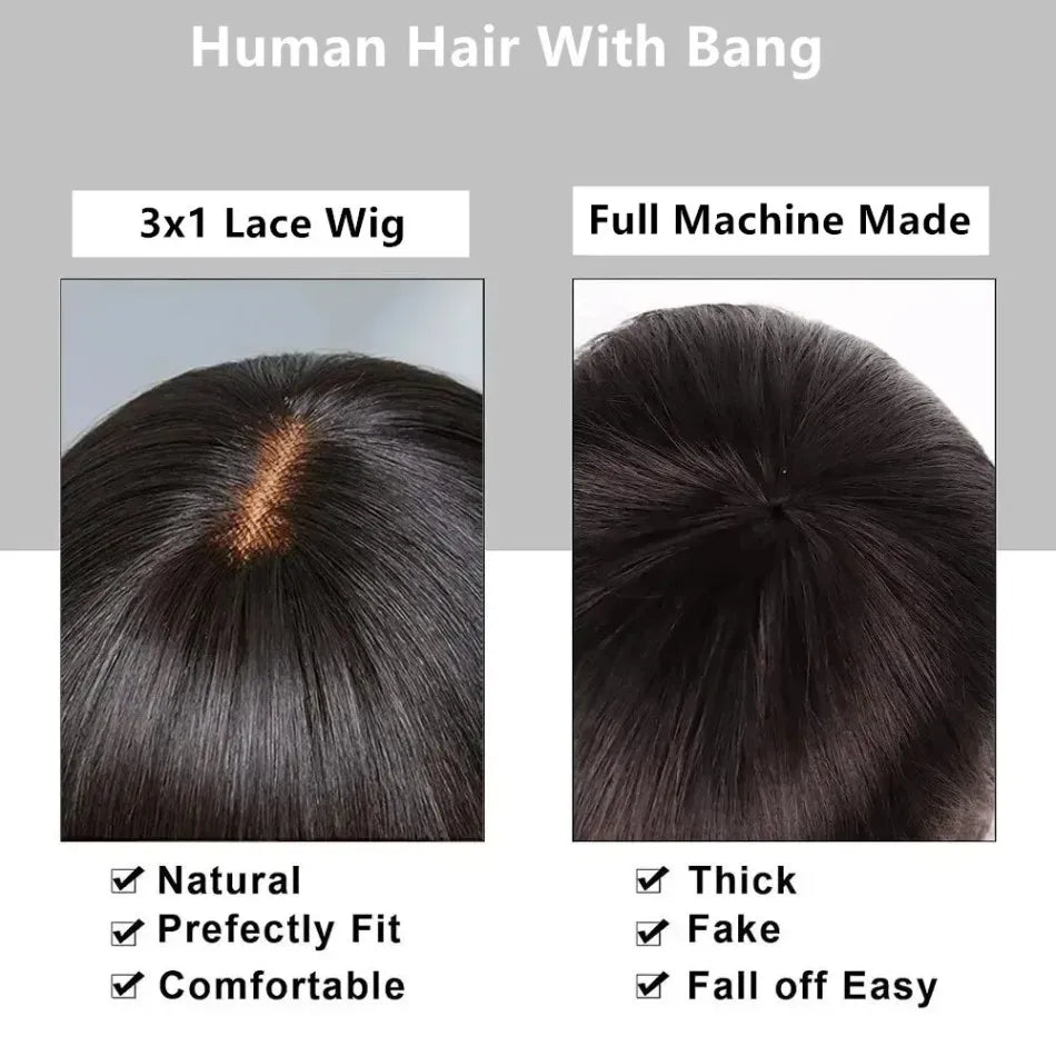 3x1 Middle Part Lace Wig Body Wave Cheap Wigs Full Machine Made Human Hair Wig with Bangs for Women on Clearance Sale Front