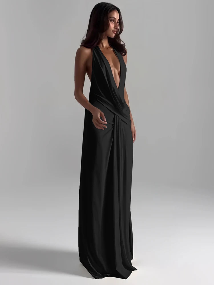 Weird Puss Sexy Backless Long Dress Women Halter Deep V-Neck Sleeveless High Splits Hem New Trend Pool Style Elegant Vestidos