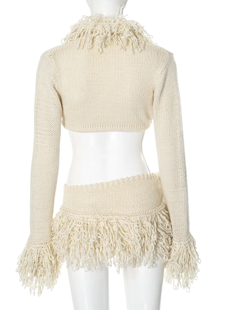 Weird Puss Crochet Tassel 2 Piece Set Women  Lace-Up Cardigan Full Sleeve Crop Tops+Irregular Slits Mini Skirt Sexy Hipster Suit